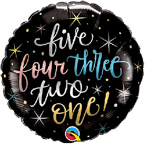 Balão de Festa Microfoil 18" 45cm - Redondo Five Four Three Two One! Preto - 1 unidade - Qualatex