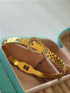 Pulseira inox dourado fivela  c/pedras