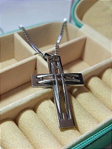 corrente masculina inox veneziana +ping cruz com detalhe elevado e vazado