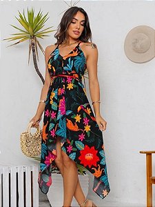 Árbora Elegance-Vestido Feminino Mídi Estampado Com Alça. Look Elegância do Verão