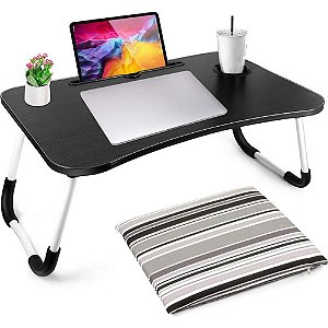 Mesa Dobrável para Notebook Home Office Multiuso com Suporte e Porta-Copo Preta