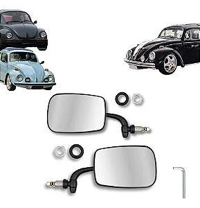 Retrovisor Fusca Mexicano Preto Par Lente Plana Prata Metal