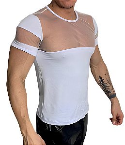 Camiseta Viscolycra Branca Detalhes Tule Illusion