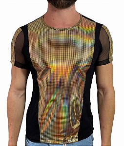 Camiseta Viscolycra Detalhe Holográfico Dourado Furta-cor