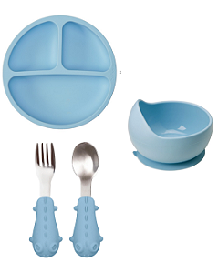 Kit Introdução Alimentar Pratinho+Bowl+Talheres Azul - Buba