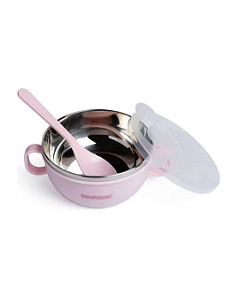 Tigelinha Inox comTampa e Colher Rosa 300ml- Pimpolho