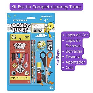 Kit Completo Looney Tunes com Lápis de Cor 12 Cores (Apontador, Lápis HB, Borracha, Tesoura, Cola)