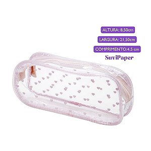 Estojo Grande Transparente Rosa Corações BRW