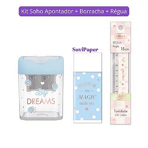 Kit Apontador com Depósito 2 Furos, Borracha e Régua Pequena 15cm Soho Azul - Tilibra