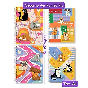 Caderno Universitário Escolar Grande Pet Fun Coleção 2025 1 Matéria 80 Folhas Credeal