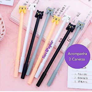 2 Caneta Gel 0.5mm Ponta Fina Tinta Preta Gatinhos Assustados - 2un