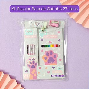 Kit Artístico Escolar Patinha de Gato 27 Itens Fofy - Caderno, Lápis de Cor, Lápis de Escrever