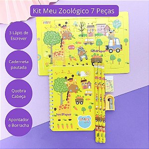 Kit Artístico Escolar Meu Zoologico Girafa Fofa 7 Itens Fofy - Caderno, Lápis de Escrever, Quebra Cabeça Infantil