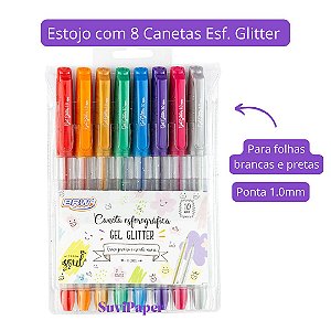 Caneta Esferográfica Gel Glitter 1.0mm Estojo 8 Cores Glitter BRW