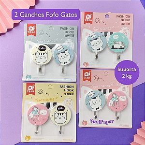 2 Gancho Decorativos Gatos Porta-Chaves Auto-Adesivo Kawaii  - Suporta 2kg