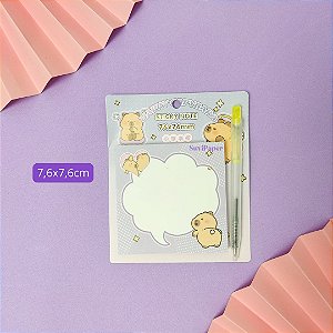 Bloco Adesivo Pequeno Decorado de Capivara 7,6x7,6cm com Caneta Esf. Kawaii