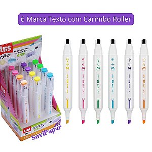 6 Marca Texto com Carimbo Roller Tris - Marca Texto Chanfrado 6 Cores Ponta Carimbo Roller