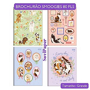 Caderno Brochura Grande Smoogies Pets Cachorro e Gato Modelo 2025 Foroni 80 Folhas