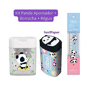 Kit Apontador com Depósito 2 Furos, Borracha e Régua Pequena 15cm Panda BRANCO- Tilibra