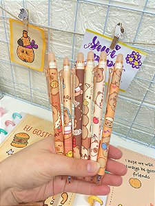 Kit 3 Canetas Apagáveis Capivara Simples Kawaii 0.5mm – Tinta Azul, Estética Fofa e Alta Qualidade