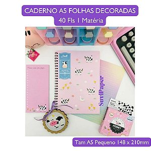 Caderno Espiral Capa Flexível Pequeno Estampa Vaquinha- Tamanho 21x14,8 cm- 40 folhas Decoradas- Miolo Pautado