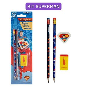 Kit Lápis HB Superman 2 Lápis + Apontador + Borracha Super-Herói Escolar Léo e Léo