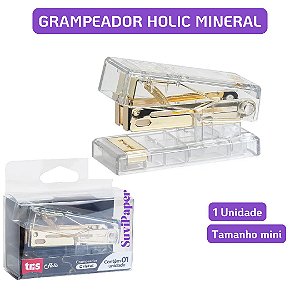 Grampeador Mini Cristal Tris Holic Mineral 26/6 Até 20 Folhas Elegância Transparente