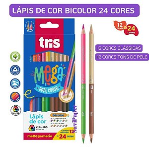 Lápis de Cor Tris Mega Soft Color 24 Cores Ponta Dupla Tons Regulares e Tons de Pele Escolar Profissional Desenho