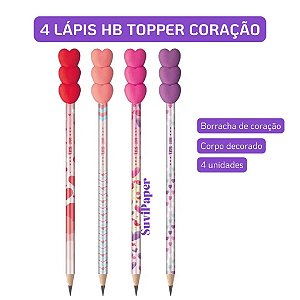 4 Lápis Preto Tris HB com Topper Love Kit 4 Unidades Decorado com Borracha Escrita Escolar Fofa