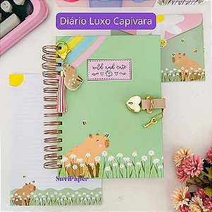 Caderno Diário Luxo A5 Elegante Capivara com Cadeado Coração Dourado 100 Folhas Reposicionável