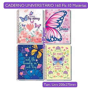 Caderno Universitário Escolar Purpurina - Credeal 10 Matérias 160 Folhas - Coleção 2026 Borboleta Fofo Tamanho 20x27,5cm