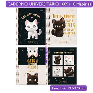 Caderno Universitário Grande 10 Matérias Cute Cat Cadersil - Coleção 2026 Fofa Gato 160 Folhas 19,9X27cm