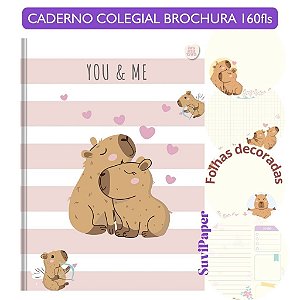 Caderno Colegial Luxo Capicuties Animativa - 160 folhas Decoradas Papelaria Premium e Presente Capivara Fofa