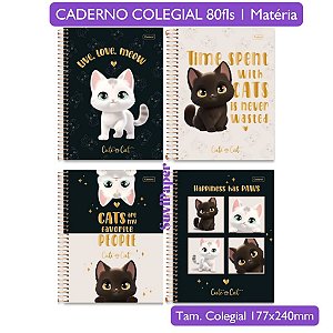 Caderno Colegial 1 Matéria Cute Cat Cadersil - Coleção 2026 Fofa Gato 80 Folhas 17,7x24cm