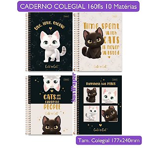 Caderno Colegial 10 Matérias Cute Cat Cadersil - Coleção Fofa Gato 160 Folhas 17,7x24cm