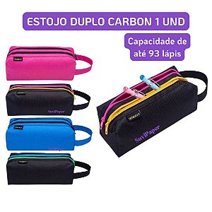 Estojo Escolar Duplo Carbon Léo e Léo – Grande Capacidade até 93 lápis com Alça e 2 Compartimentos