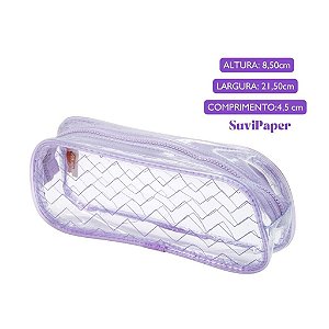 Estojo Grande Transparente Lilás Listras BRW