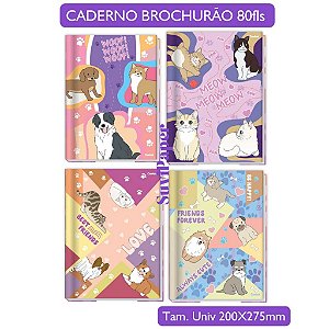 Caderno Brochurão Pet Fun Credeal Miau de Rua 80 Folhas - Tamanho 20x27,5cm Caderno Costurado Infantil Animais