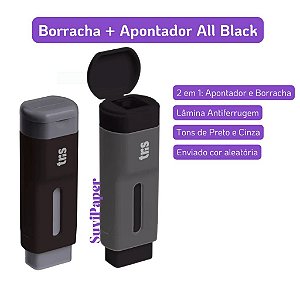 1 Caneta Borracha + Apontador Tris Holic All Black 2 em 1  Elegante e Compacta