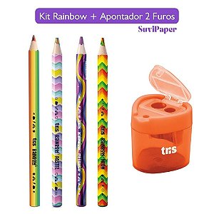 4 Lápis De Cor Jumbo Arco Íris Rainbow Tris + Apontador com Depósito 2 Furos Jumbo Tris