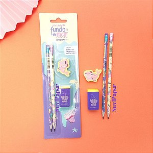 Kit Fundo do Mar com 2 Lápis HB, Apontador e Borracha Cartela Léo e Léo