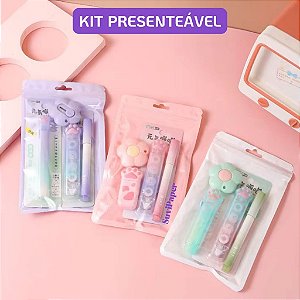 Kit Essencial Papelaria Fofa 4 itens - Estilete, Marca Texto, Cola em fita + Corretivo em fita e Corretivo em fita Extra