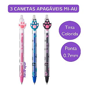 3 Caneta Apagável Mi-au Tinta Colorida - Tris Tinta Rosa, Azul e Preta