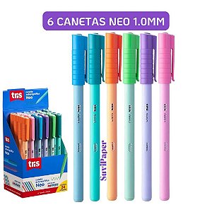 6 Caneta Esferográfica Tris Neo 1,0mm Kit 6 Unidades Cores Sortidas Corpo Soft Touch Escritório Escolar
