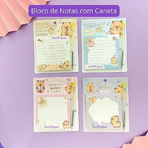 Bloco Adesivo Pequeno Decorado de Capivara 7,6x7,6cm com Caneta Esf. Kawaii