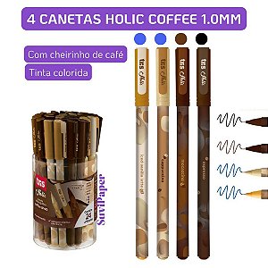 4 Caneta Esferográfica Tris Holic Coffee Shop 1,0 mm Kit 4 Unidades Cheirinho de Café