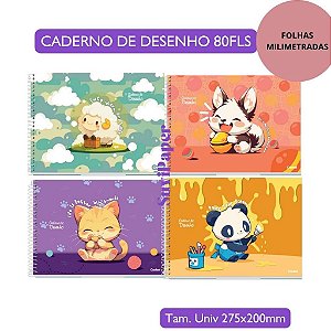 Caderno de Cartografia e Desenho Lala Pets 80 fls Folhas Milimetradas Coleção 2026 - Animais Fofos Infantil Tam 27,5x20c
