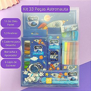 Kit Artístico Escolar Astronauta Menino 33 Itens Fofy - Caderno, Lápis de Cor, Lápis de Escrever