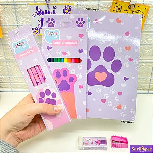Kit Artístico Escolar Patinha de Gato 27 Itens Fofy - Caderno, Lápis de Cor, Lápis de Escrever