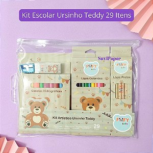 Kit Artístico Escolar Ursinho Urso Teddy 29 Itens Fofy - Caderno, Lápis de Cor, Lápis de Escrever e Canetinha